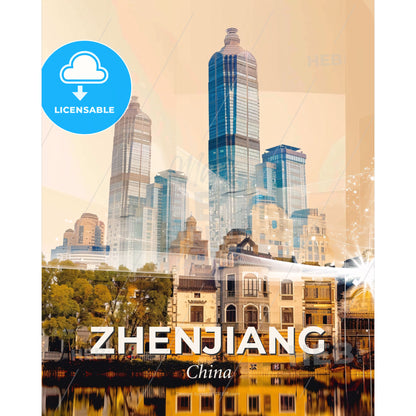 Zhenjiang Skyline Local Icons Poster - A city skyline with trees and buildings - Square format print template