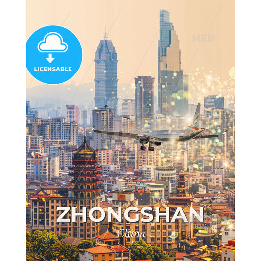 Zhongshan Skyline Double Exposure Cityscape - A plane flying over a city - Square format print template
