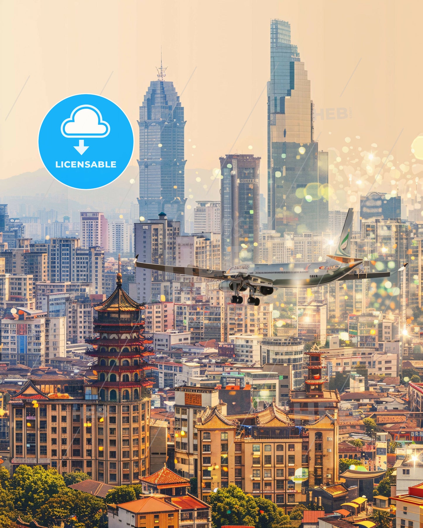 Zhongshan Skyline Double Exposure Cityscape - A plane flying over a city