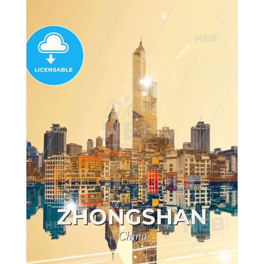 Zhongshan City Skyline Double Exposure Art Poster - A city skyline with many buildings and a body of water - Square format print template