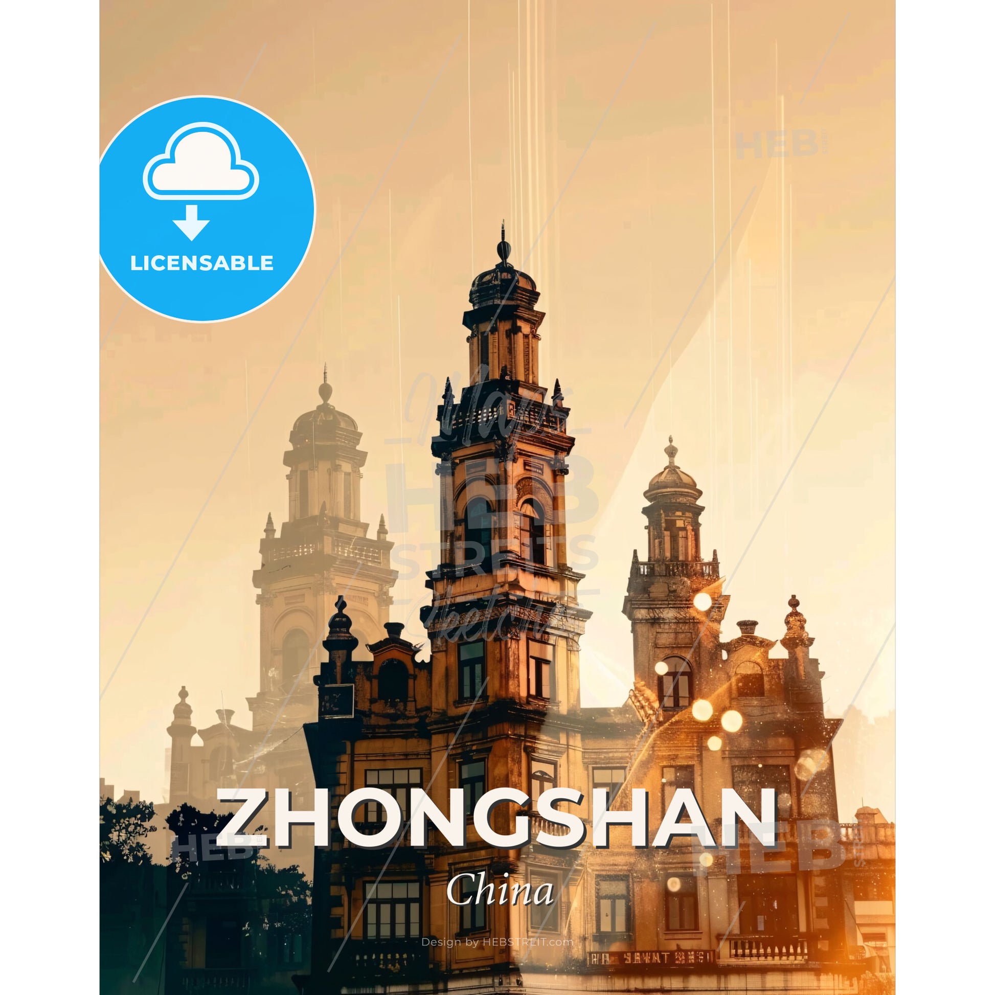 Zhongshan Skyline City Art Poster - A building with towers and a tower - Square format print template