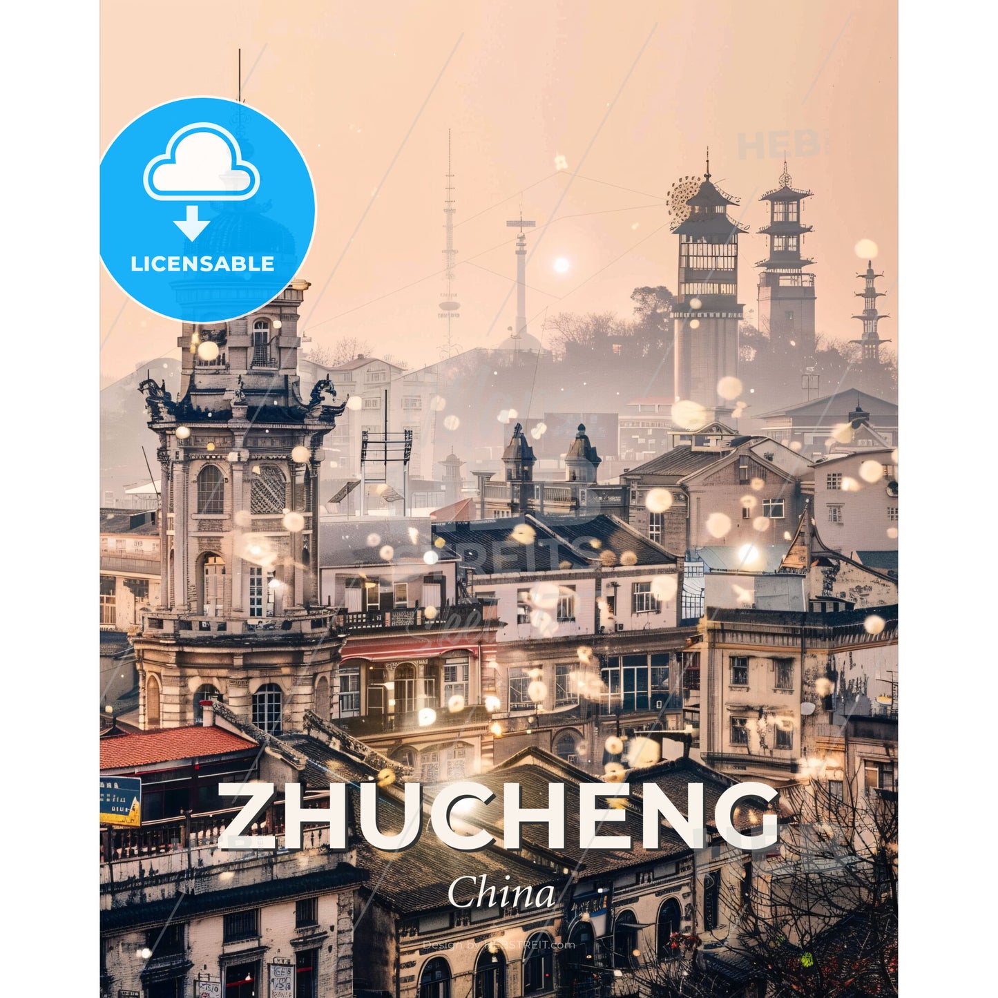 Zhucheng Skyline Composite Art Masterpiece - A city with many buildings - Square format print template