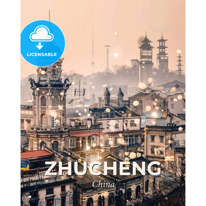 Zhucheng Skyline Composite Art Masterpiece - A city with many buildings - Square format print template