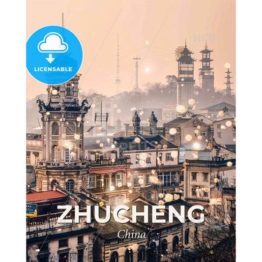 Zhucheng Skyline Composite Art Masterpiece - A city with many buildings - Square format print template