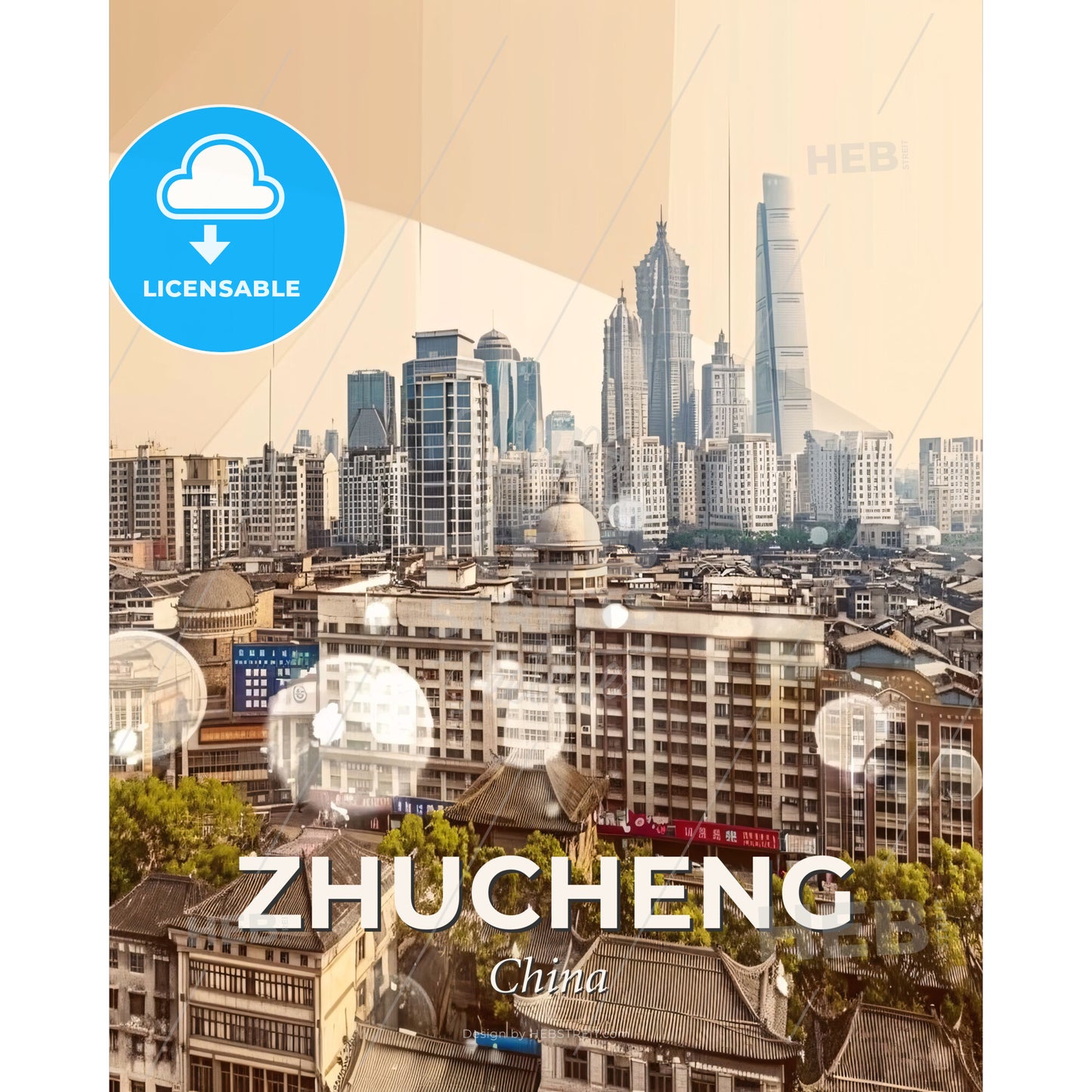 Zhucheng Skyline Double Exposure Composite Art - A city with many buildings - Square format print template