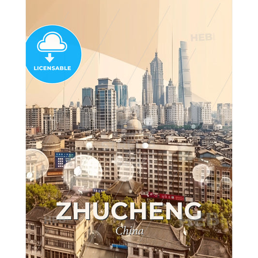 Zhucheng Skyline Double Exposure Composite Art - A city with many buildings - Square format print template