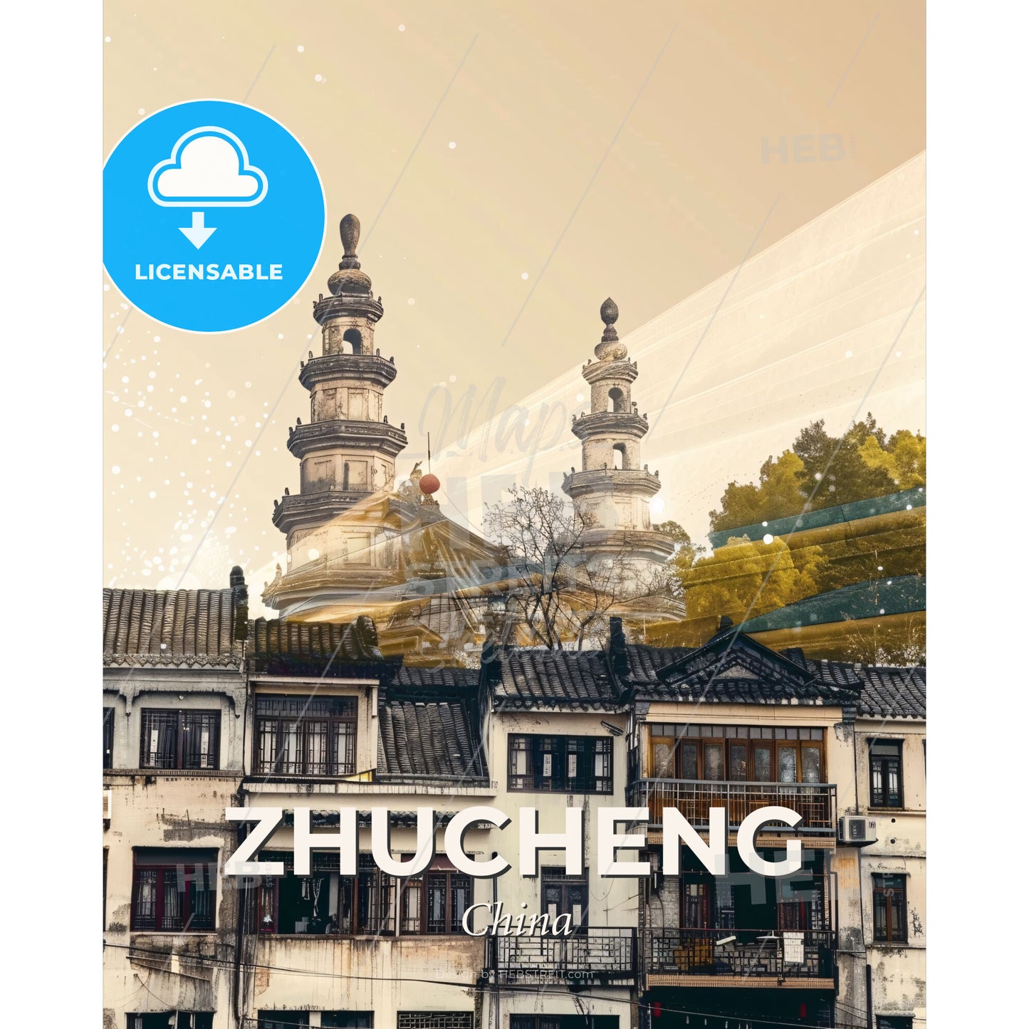 Zhucheng Skyline Art: Local Icons - A group of buildings with a tower - Square format print template