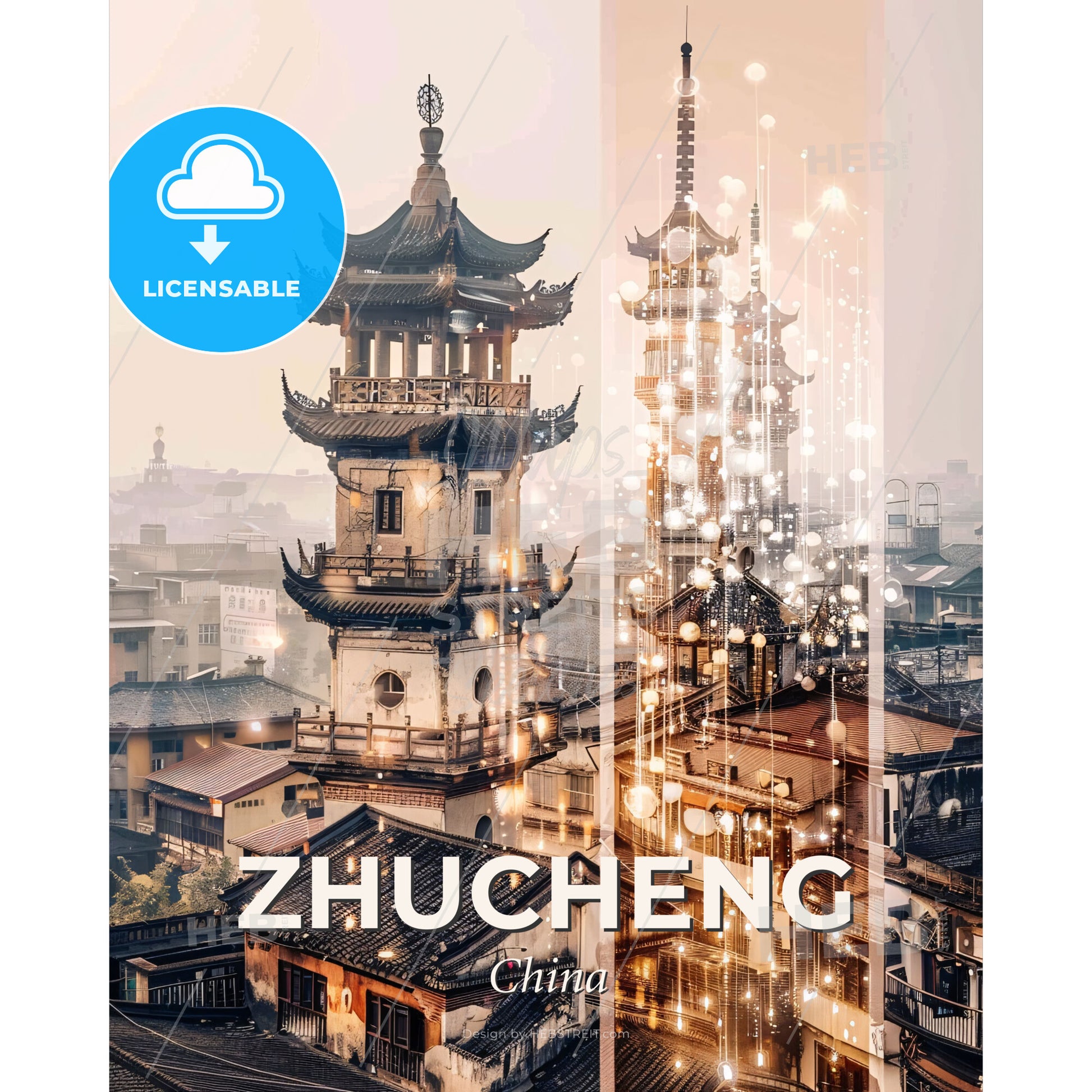 Zhucheng City Skyline Modern Art Composite Poster - A tall pagoda tower with lights - Square format print template