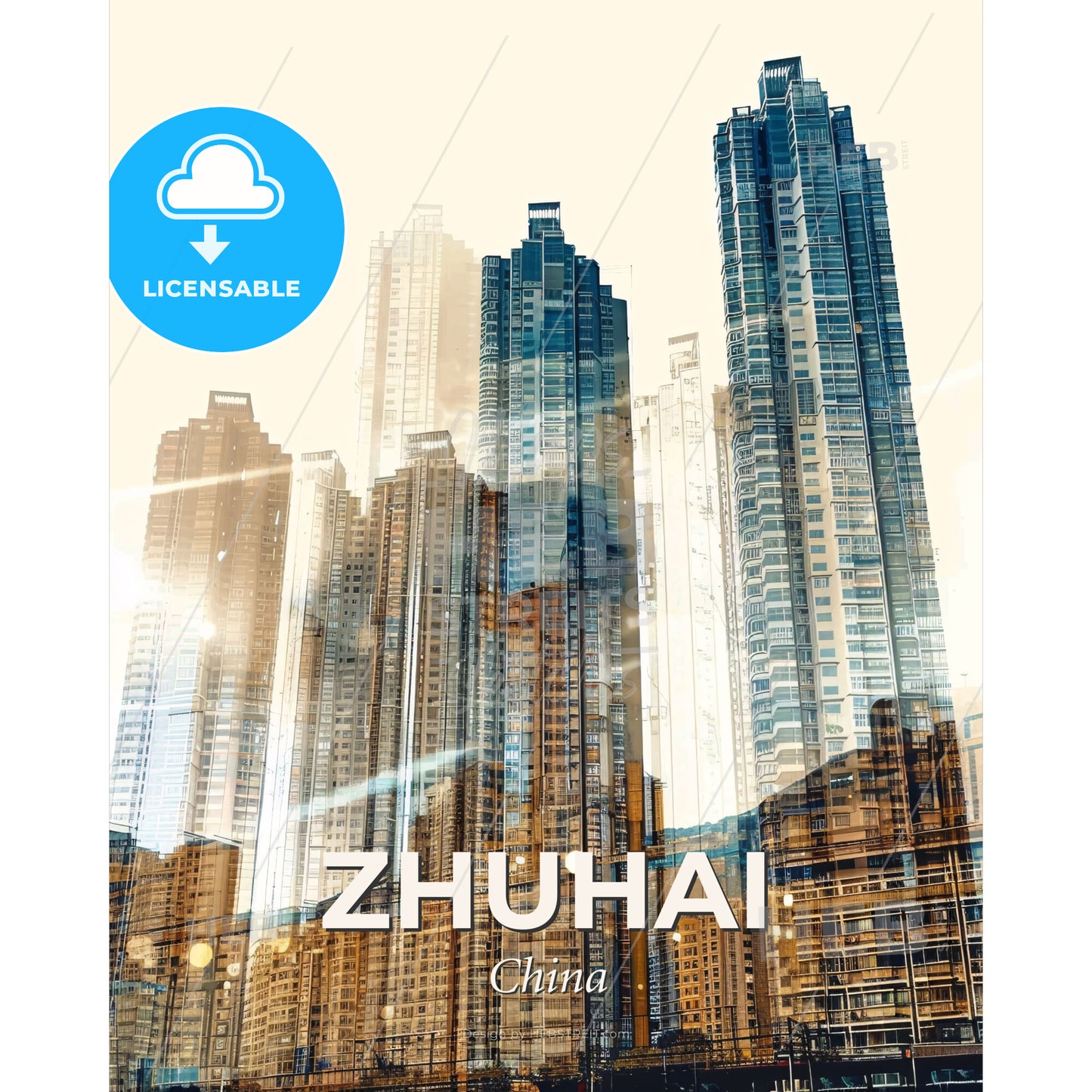 Zhuhai Double Exposure City Skyline Poster - A city skyline with many tall buildings - Square format print template