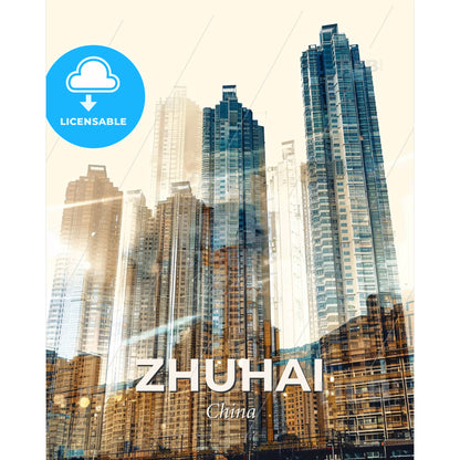 Zhuhai Double Exposure City Skyline Poster - A city skyline with many tall buildings - Square format print template