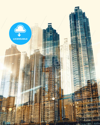 Zhuhai Double Exposure City Skyline Poster - A city skyline with many tall buildings