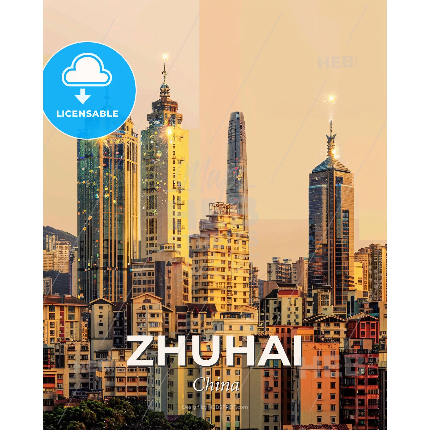 Zhuhai Skyline Double Exposure Composite Art - A city skyline with tall buildings - Square format print template