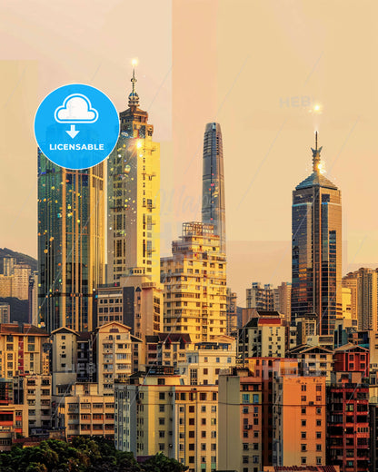 Zhuhai Skyline Double Exposure Composite Art - A city skyline with tall buildings