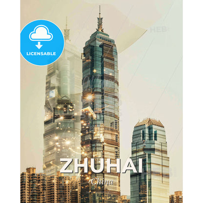 Zhuhai Skyline Art Print - Local Icons on Beige - A group of tall buildings - Square format print template
