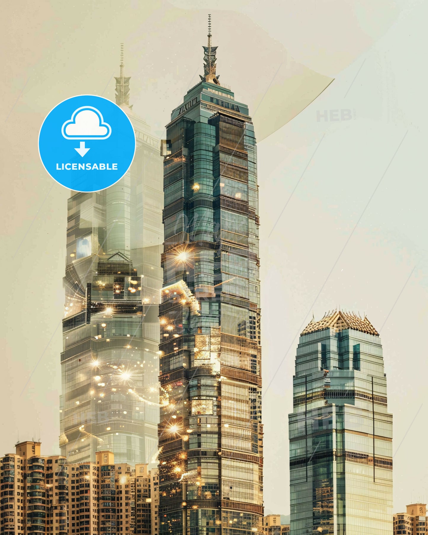 Zhuhai Skyline Art Print - Local Icons on Beige - A group of tall buildings