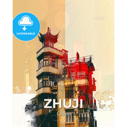 Zhuji Art Decor Skyline Poster - A building with a red roof - Square format print template