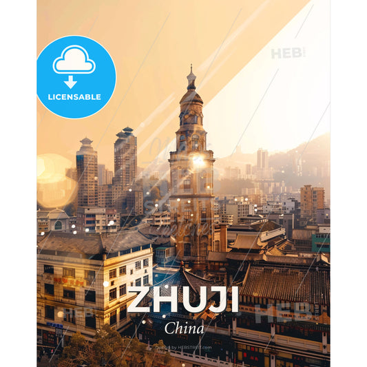 Zhuji Skyline Colors Architecture Poster - A city with a tall tower - Square format print template