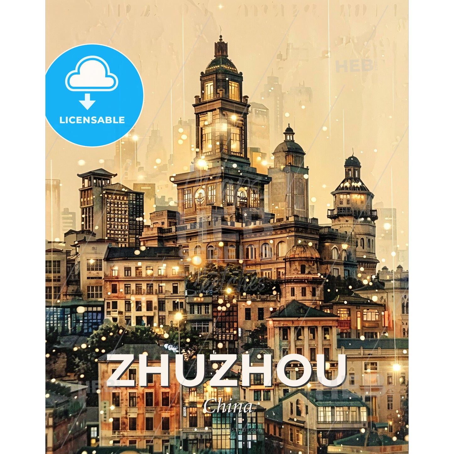 Zhuzhou Cityscape Skyline Poster with Subtle Backlights - A city with many buildings - Square format print template