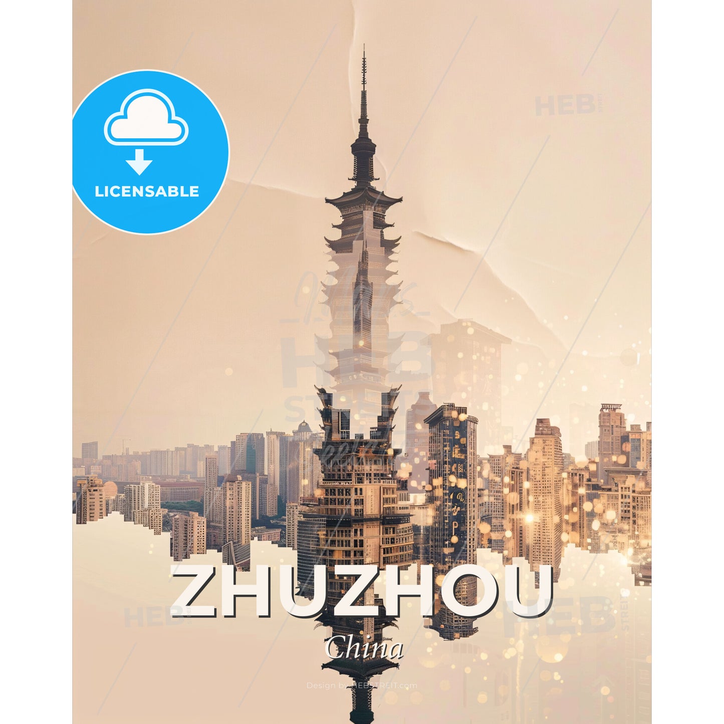 Zhuzhou City Double Exposure Composite Art Skyline - A city skyline with many buildings - Square format print template