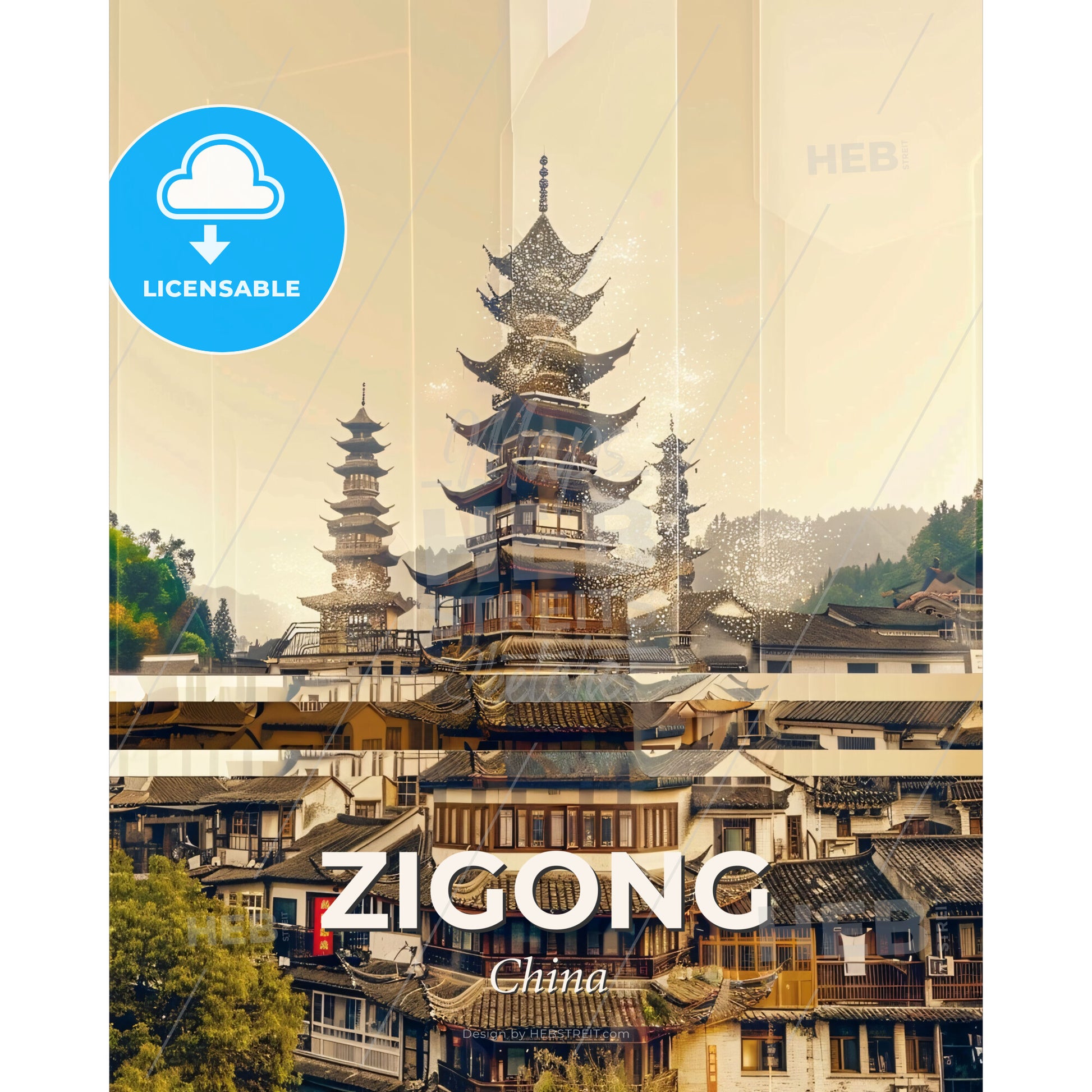 Zigong: Double Exposure Skyline Art - A group of buildings with tall towers - Square format print template