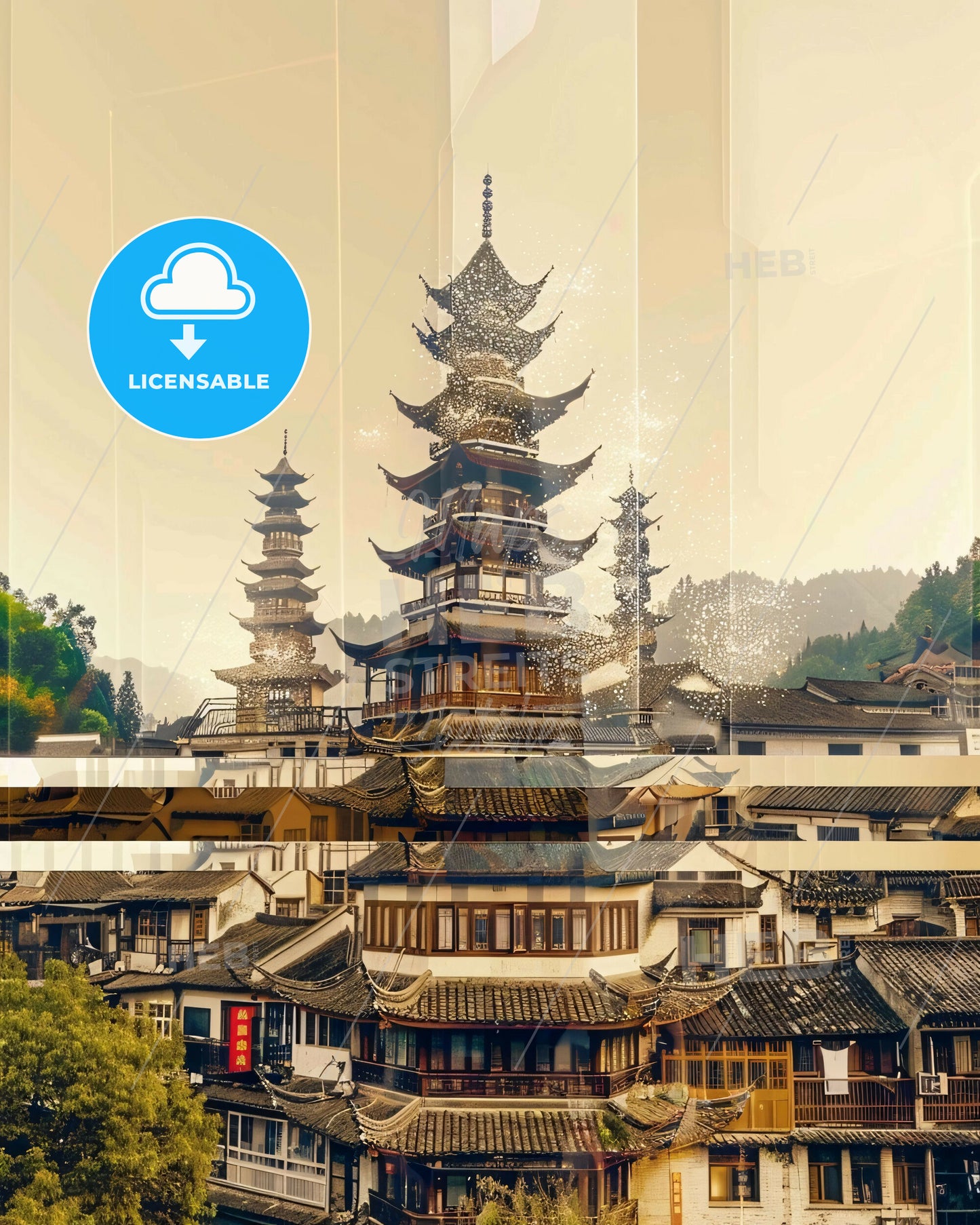 Zigong: Double Exposure Skyline Art - A group of buildings with tall towers