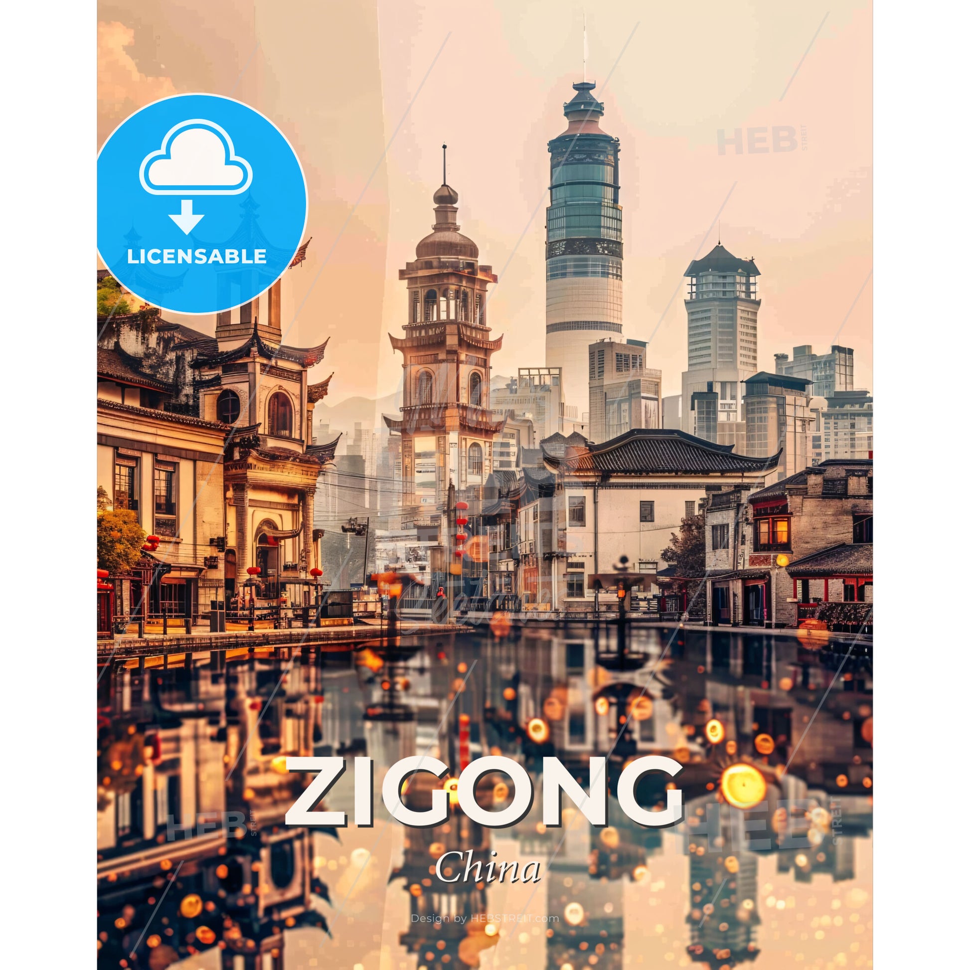 Zigong Skyline Double Exposure Composite Art - A water body with buildings in the background - Square format print template