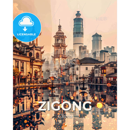 Zigong Skyline Double Exposure Composite Art - A water body with buildings in the background - Square format print template