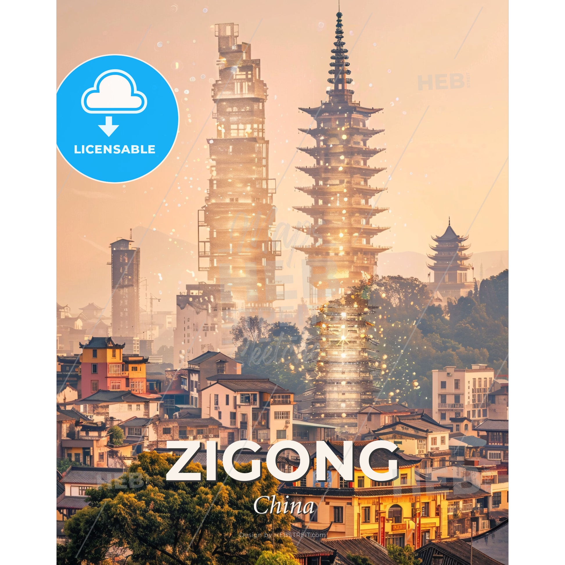 Zigong: Double Exposure Skyline Art with Local Flair - A city with tall buildings and trees - Square format print template