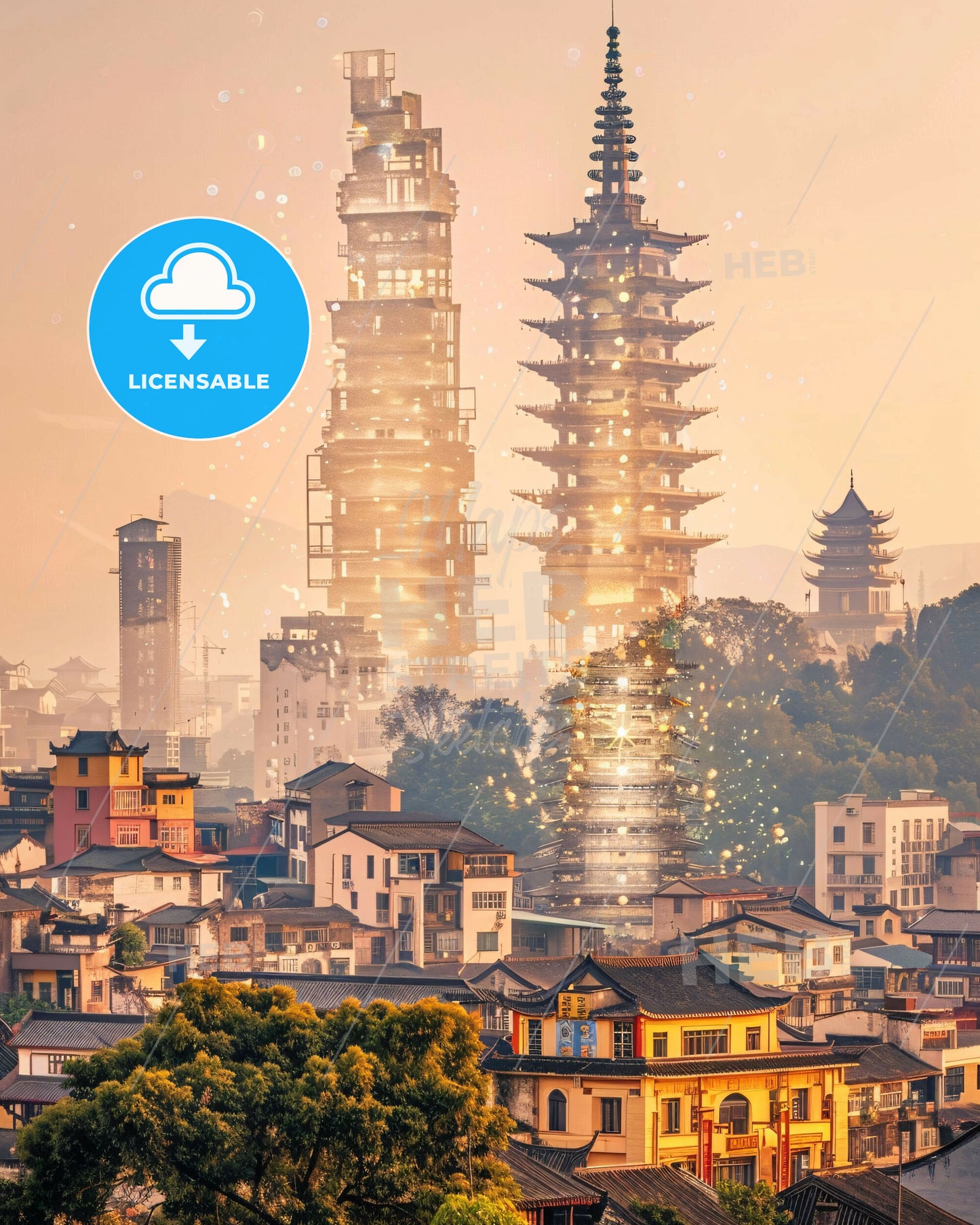 Zigong: Double Exposure Skyline Art with Local Flair - A city with tall buildings and trees