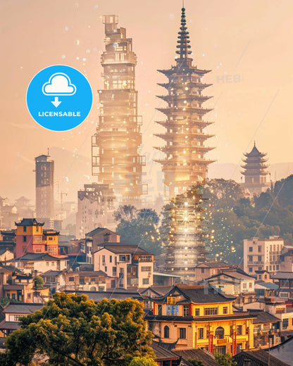 Zigong: Double Exposure Skyline Art with Local Flair - A city with tall buildings and trees