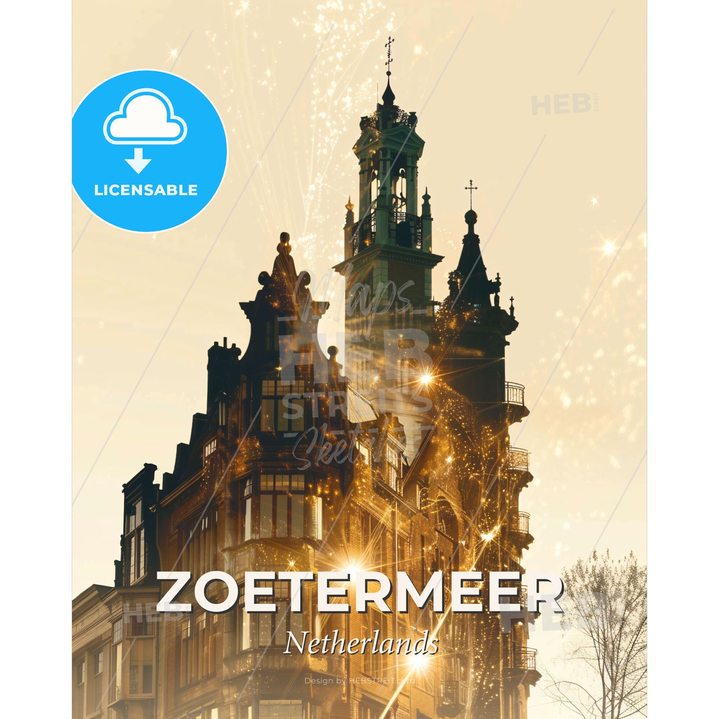 Zoetermeer Skyline Double Exposure Art Poster - A building with a tower and a street light - Square format print template