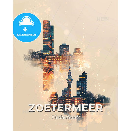 Zoetermeer: City Icons Double Exposure - A city skyline with lights - Square format print template