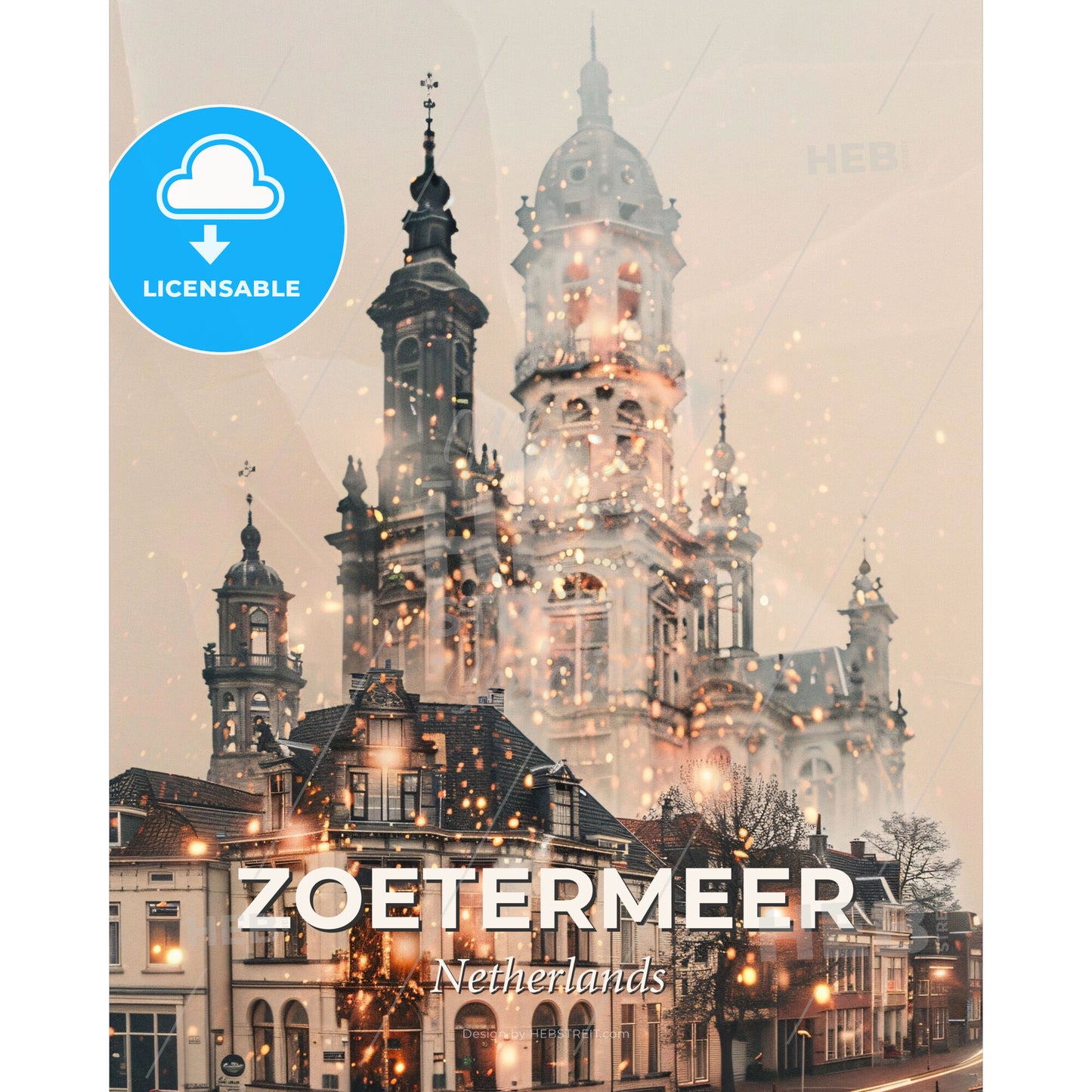 Zoetermeer Skyline Cityscape Double Exposure Art - A building with many towers and a street light - Square format print template