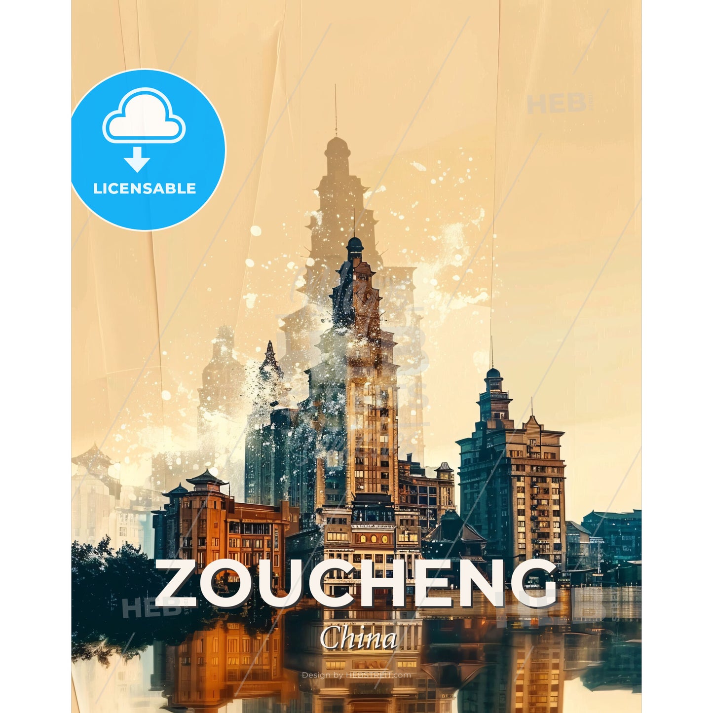 Zoucheng City Skyline Double Exposure Art Poster - A city with many buildings and a body of water - Square format print template