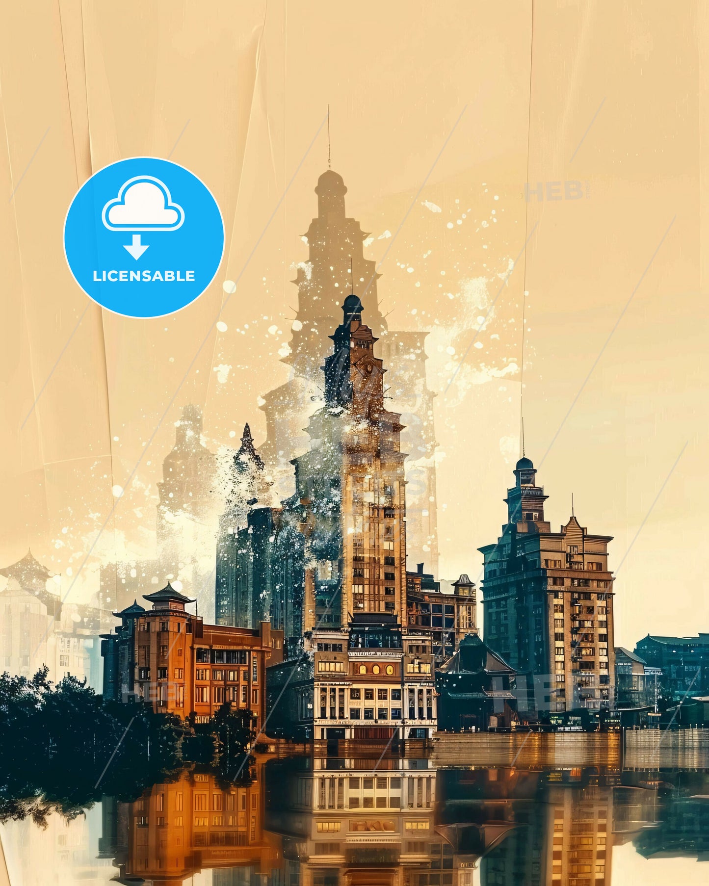 Zoucheng City Skyline Double Exposure Art Poster - A city with many buildings and a body of water