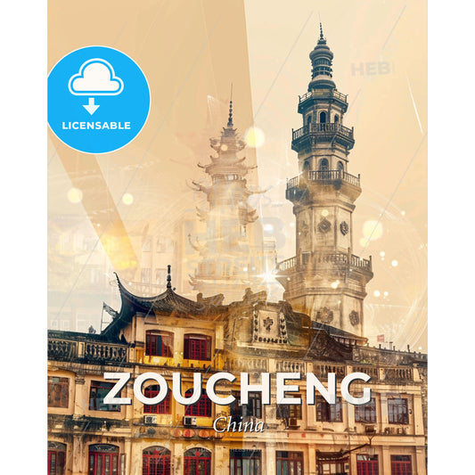 Zoucheng Double Exposure Skyline Artistic Poster - A building with towers and a large building - Square format print template