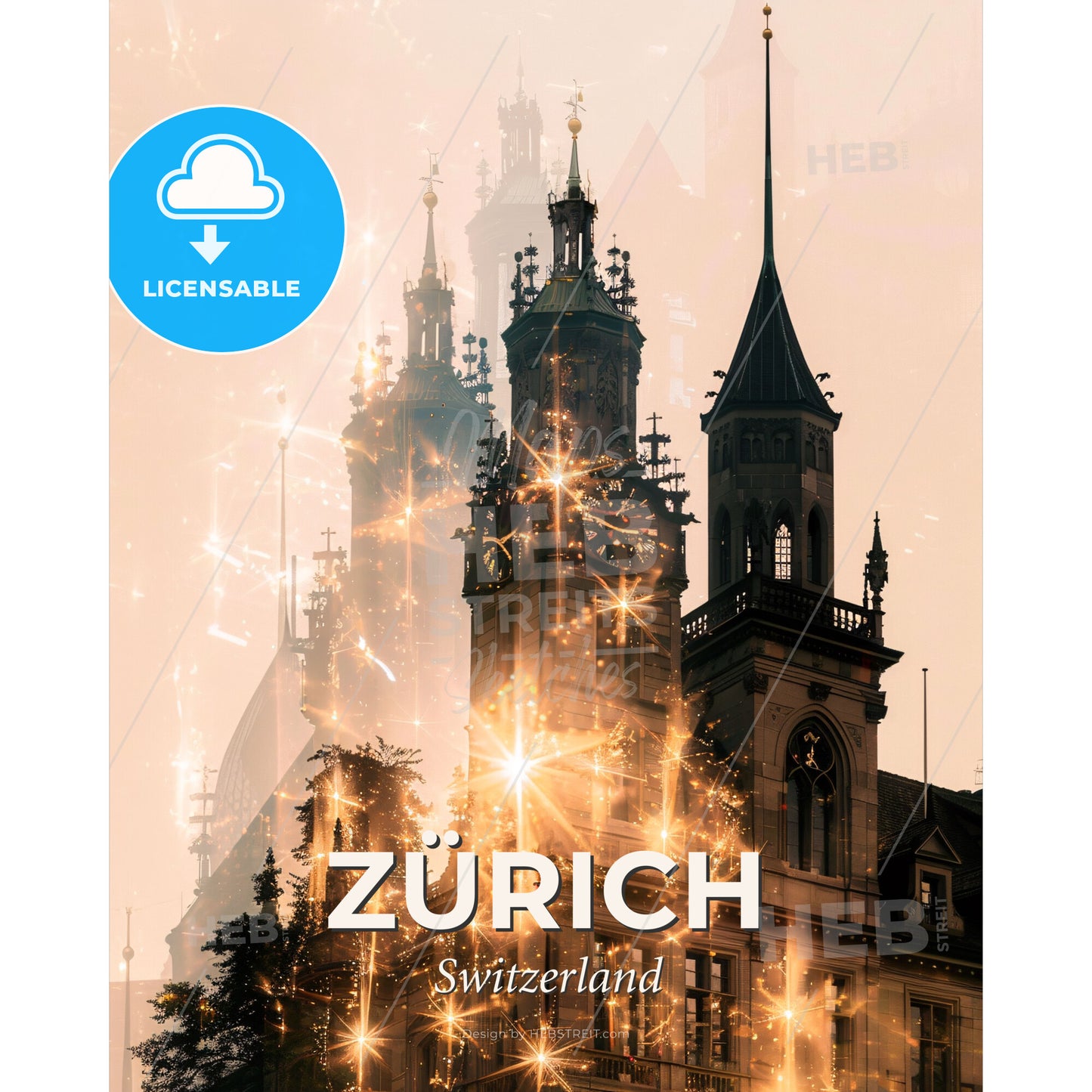 Zürich Skyline Composite Poster Art - A building with a clock tower and fireworks - Square format print template