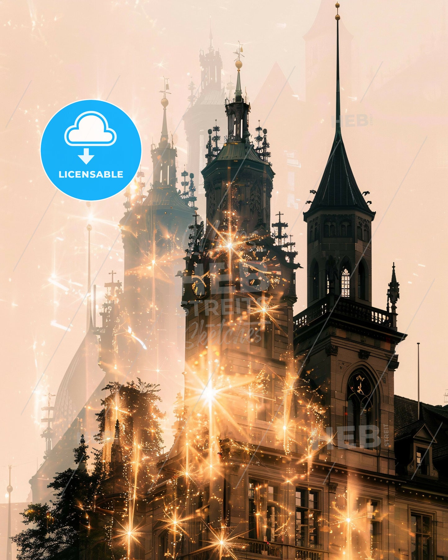 Zürich Skyline Composite Poster Art - A building with a clock tower and fireworks