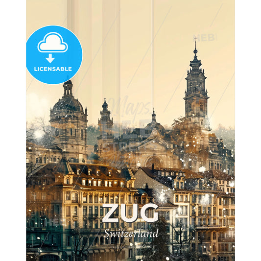 Zug: Swiss City Skyline Double Exposure Artwork - A city with many buildings - Square format print template