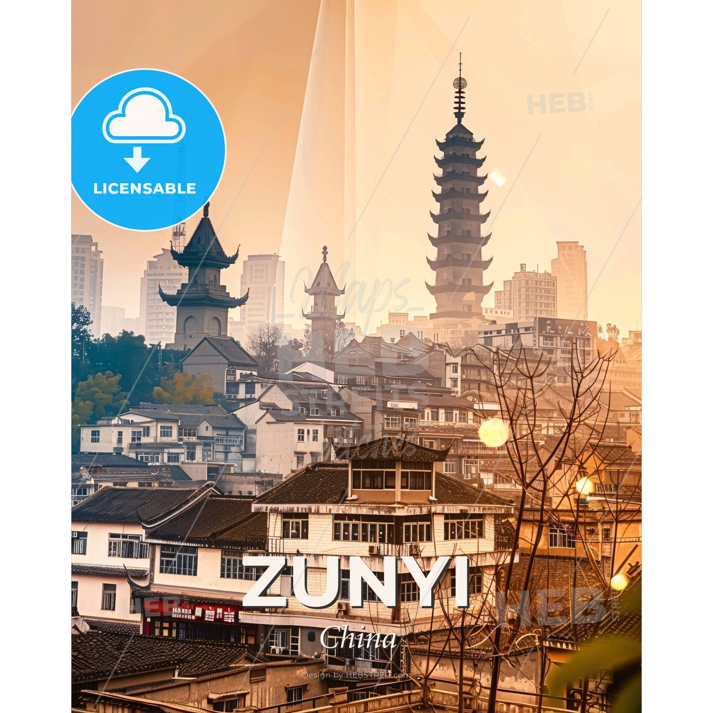 Zunyi Skyline Art Composite Poster - A city with a tall tower - Square format print template