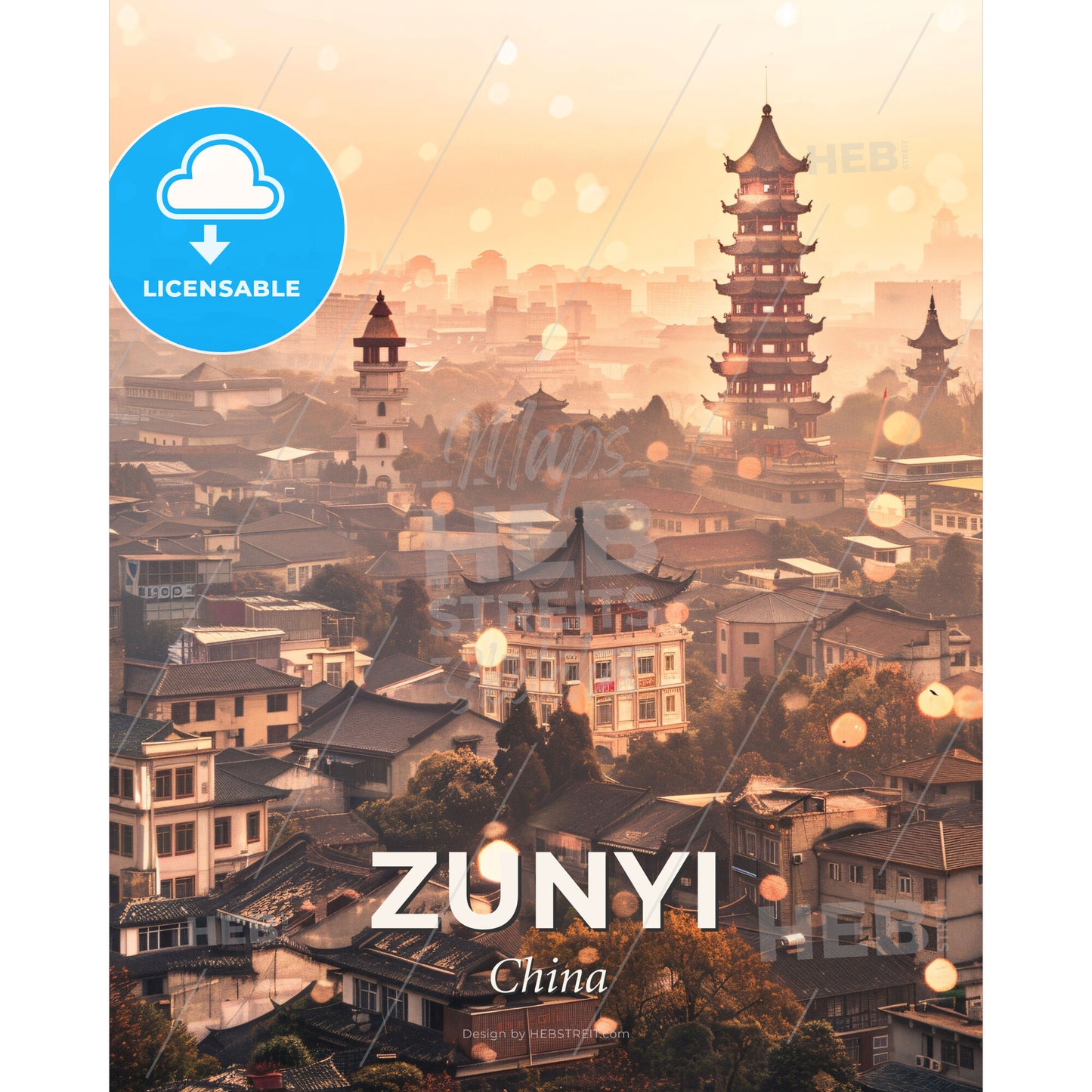 Zunyi: City Iconography Skyline Silhouette Poster - A city with tall buildings and a tall tower - Square format print template