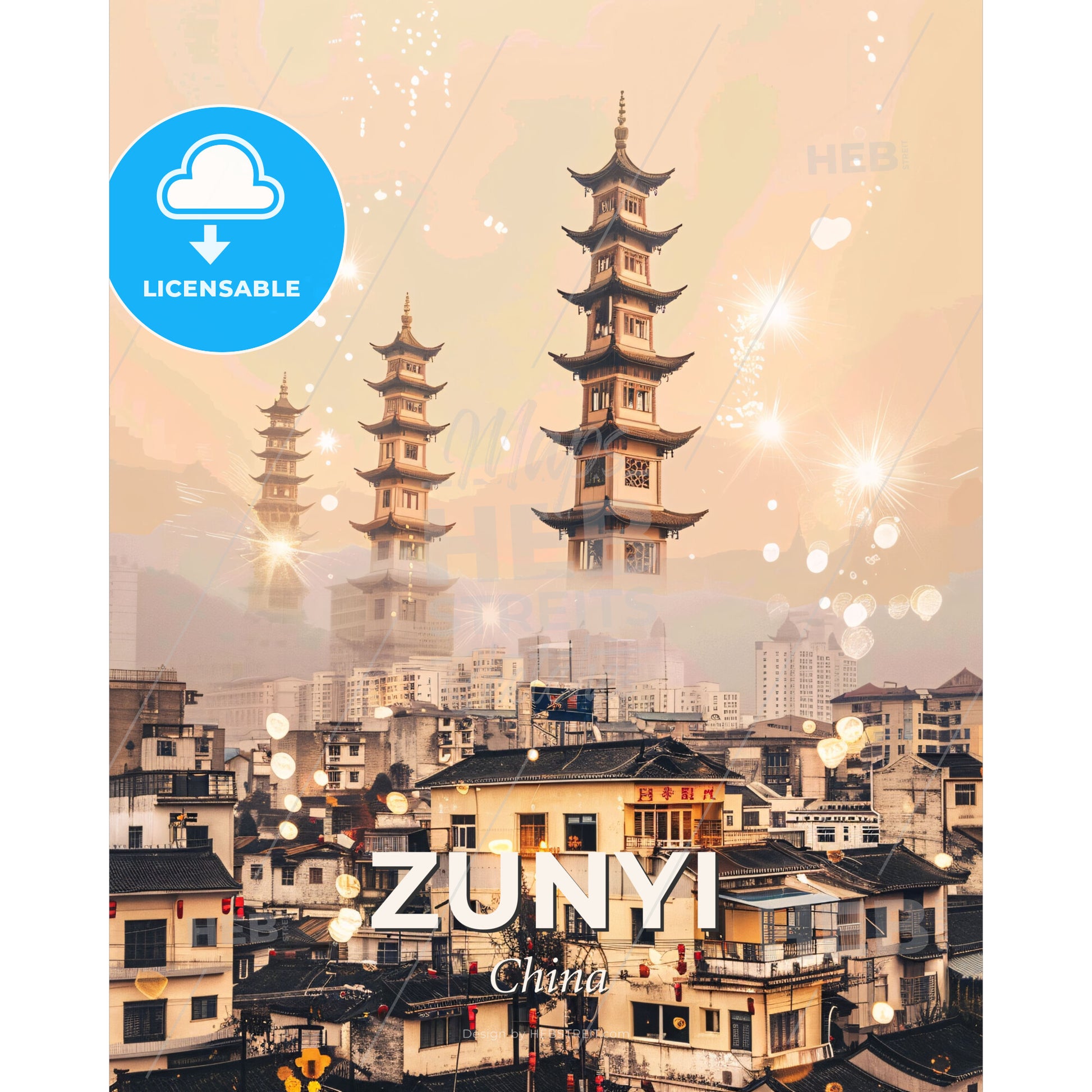 Zunyi China Double Exposure Skyline Art - A city with tall buildings and a tall tower - Square format print template