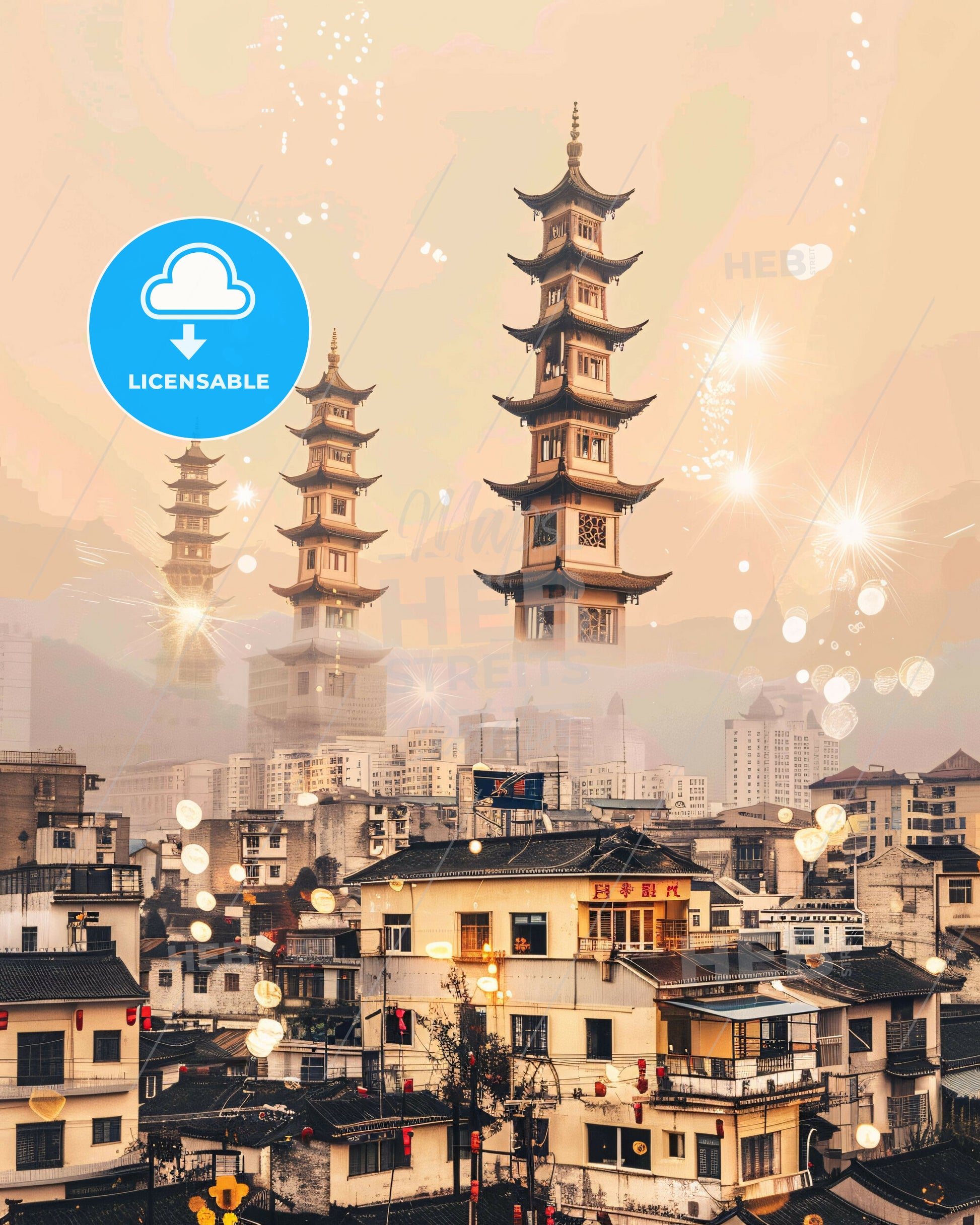 Zunyi China Double Exposure Skyline Art - A city with tall buildings and a tall tower