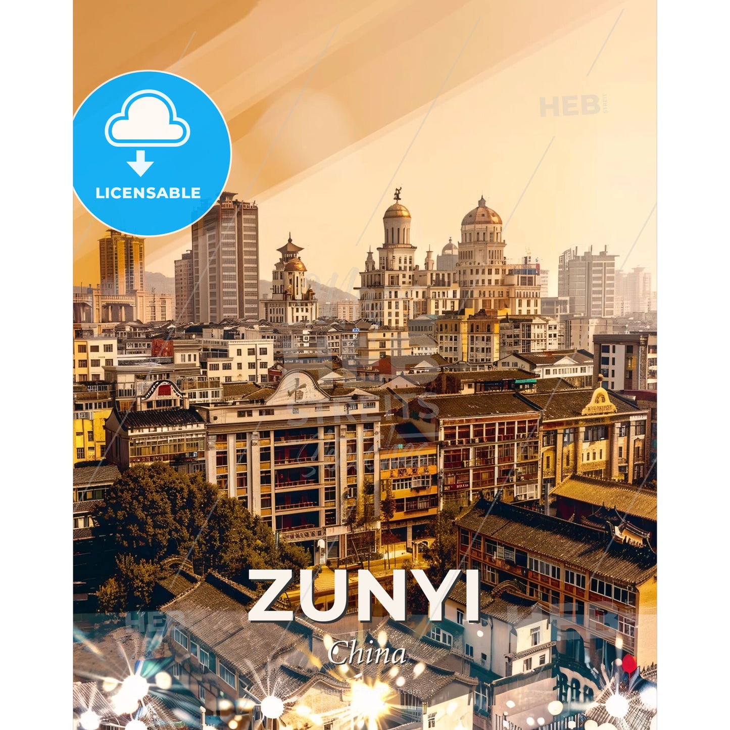 Zunyi City Skyline Double Exposure Poster Artwork - A city with many buildings - Square format print template