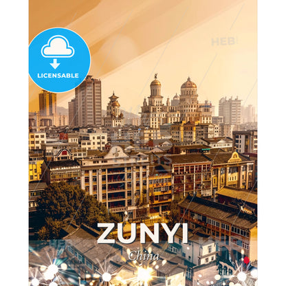 Zunyi City Skyline Double Exposure Poster Artwork - A city with many buildings - Square format print template