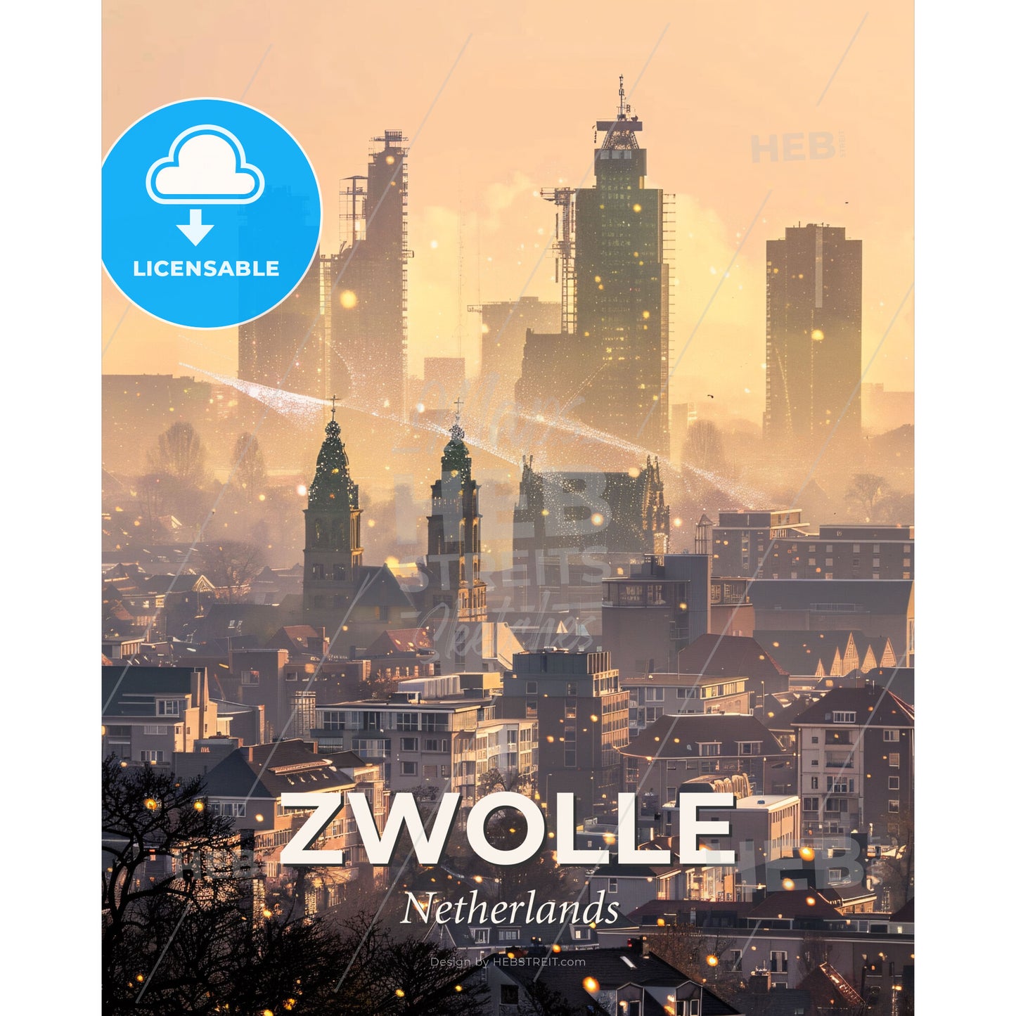 Zwolle Skyline Art with Local Architectural Icons - A city with tall buildings and a fire sprinkler - Square format print template