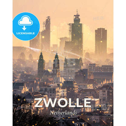 Zwolle Skyline Art with Local Architectural Icons - A city with tall buildings and a fire sprinkler - Square format print template