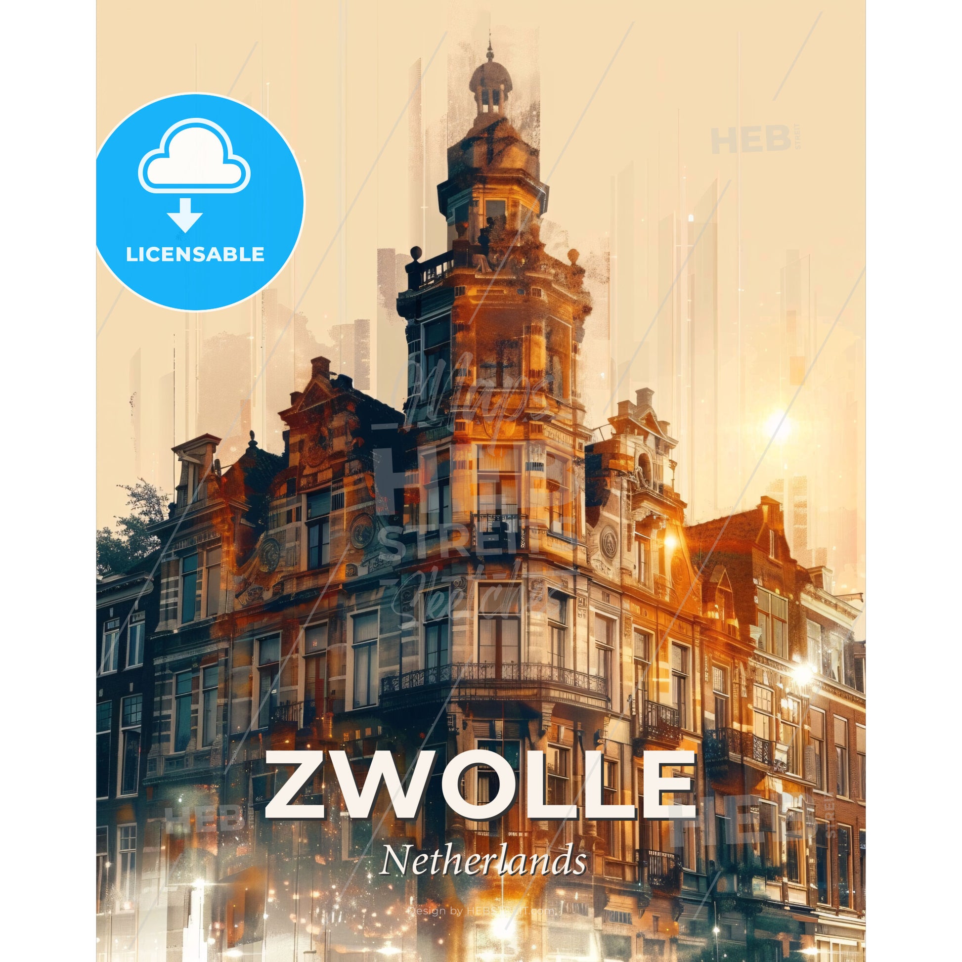 Zwolle Skyline Poster: Local Vibes, Bright Sparkles - A building with a tower - Square format print template