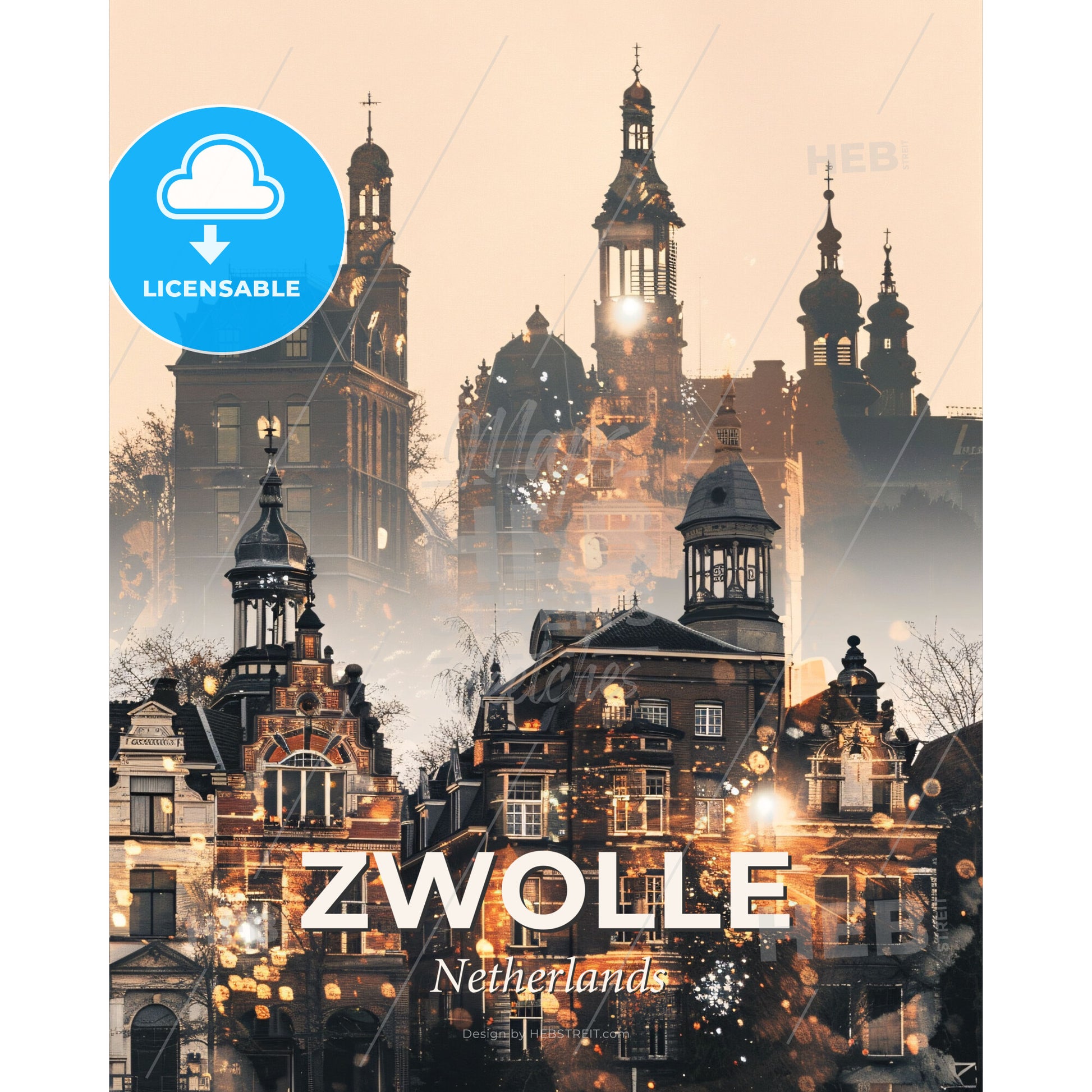 Zwolle City Skyline Art with Dutch Architecture - A group of buildings with towers and spires - Square format print template