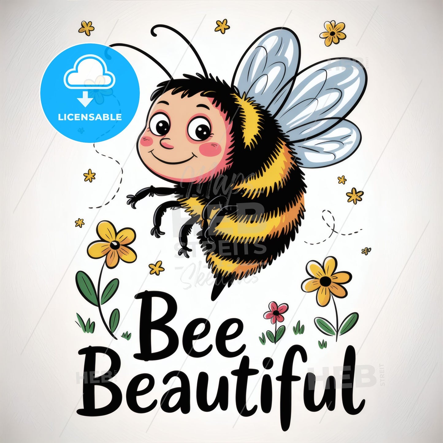 Cheerful cartoon bee with flowers Print Template.